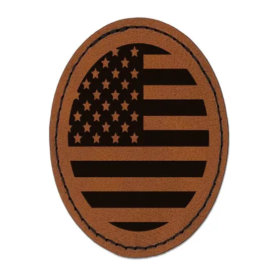 Circle USA Flag United States of America Round Iron-On Engraved Faux Leather Patch Applique - 2.5" Brown {1}
