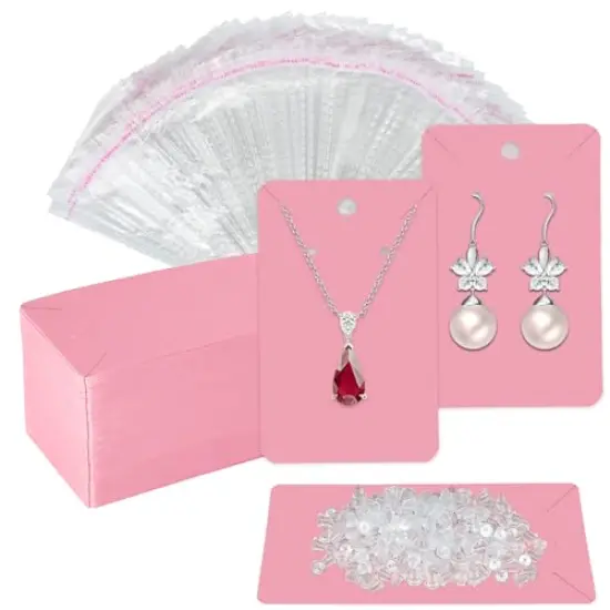 Pink Earring Cards for Selling Set with 100 Pieces Earring Display Cards, 200 Pieces Earring Backs and 100Pcs Jewelry Packaging Bag for Earrings Necklace Jewelry Display (3.5" x 2.3" Inches) {1}