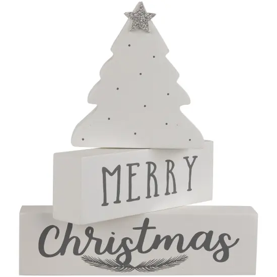 Northlight Star Topped Tree "Merry Christmas" Wooden Block Decoration - 6.75" White {5}