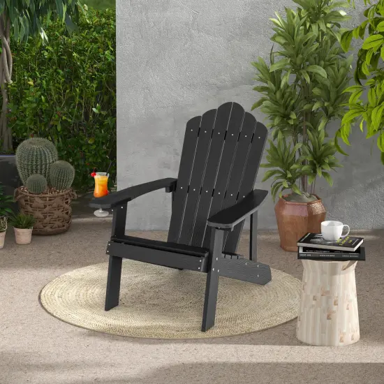Weather Resistant HIPS Outdoor Adirondack Chair with Cup Holder Black {2}