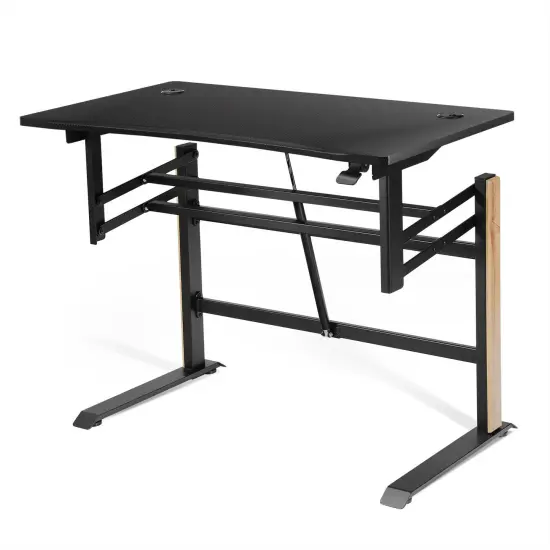 Pneumatic Height Adjustable Gaming Desk T Shaped Game Station with Power Strip Tray-Black {6}