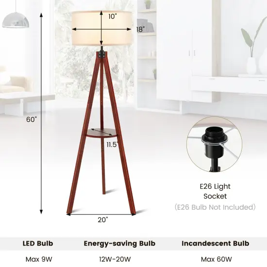 Brown Rubber Wood Linen Tripod Floor Lamp with Shelf and E26 Socket for Living Room and Bedroom {4}