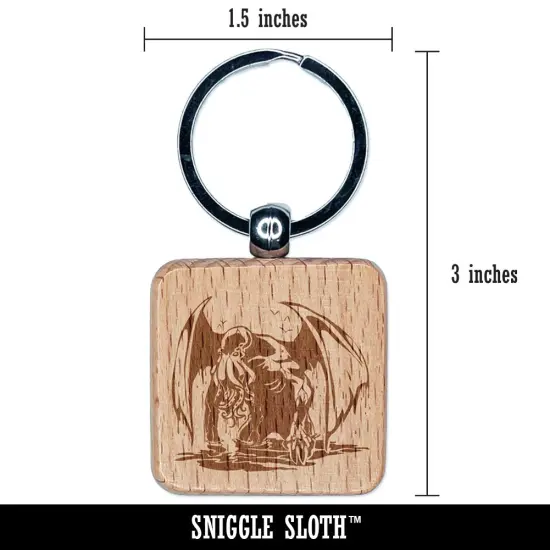 Cthulhu Eldritch Horror Rising From the Ocean Engraved Wood Square Keychain Tag Charm {2}