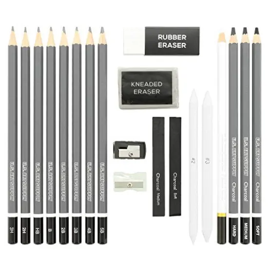20 Piece Professional Hi-Quality Artist Sketch Set in Hard Storage Case - Sketch & Charcoal Pencils, Pastel, Stumps, Eraser, Sharpeners {6}