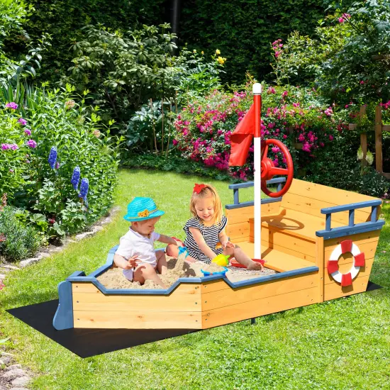 Kids Pirate Boat Wooden Sandbox Children Outdoor Playset {2}