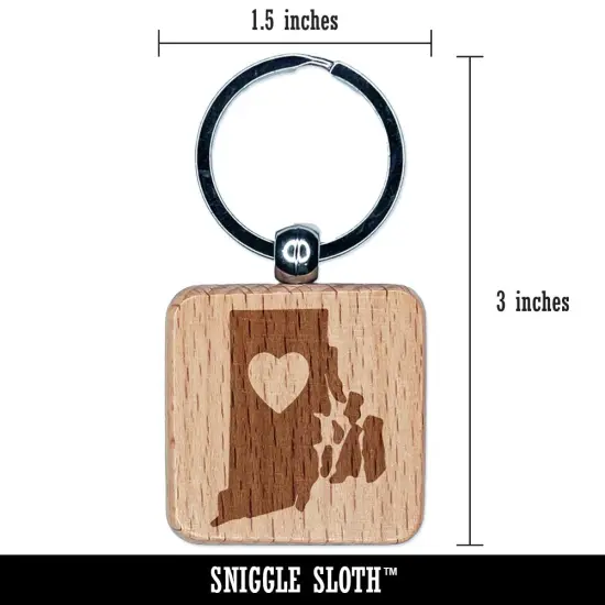 Rhode Island State with Heart Engraved Wood Square Keychain Tag Charm {2}