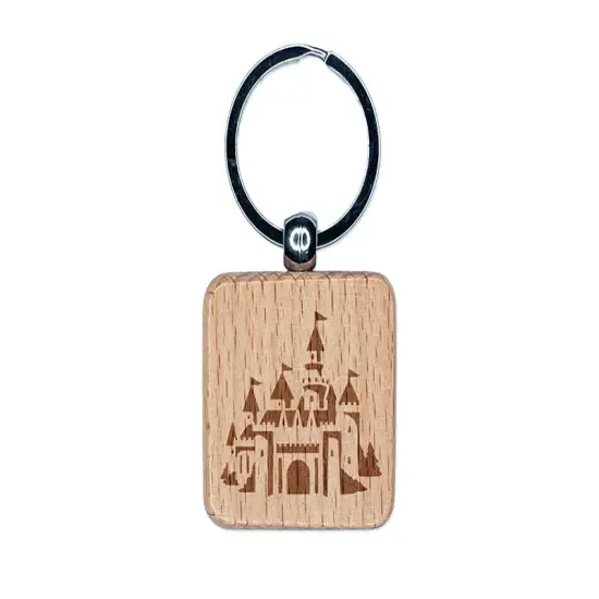 Fantasy Fairytale Castle with Towers Engraved Wood Square Keychain Tag Charm {1}