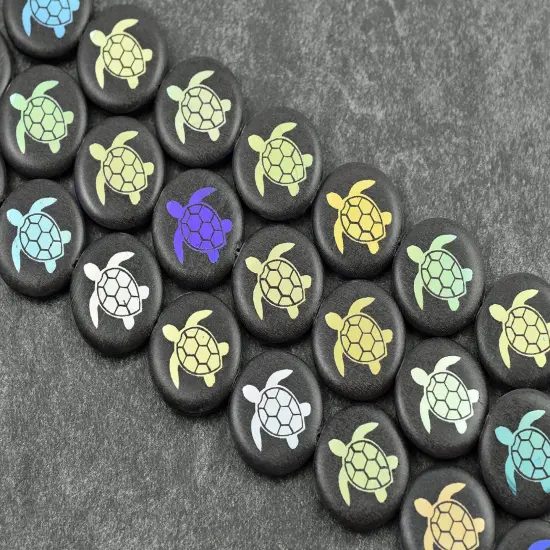 *8* 17mm Opaque Satin Jet AB Laser Tattoo Turtle Coin Beads {4}