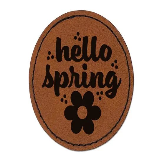 Hello Spring Round Iron-On Engraved Faux Leather Patch Applique - 2.5" Brown {1}