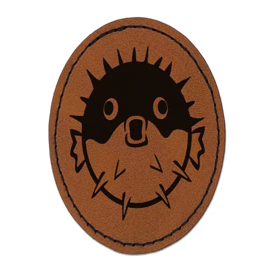 Startled Puffer Fish Round Iron-On Engraved Faux Leather Patch Applique - 2.5" Brown {1}