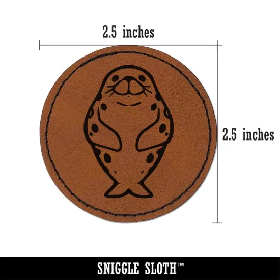 Spotted Seal Floating Upright Round Iron-On Engraved Faux Leather Patch Applique - 2.5" Brown {2}