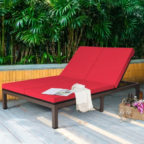 2-Person Patio Rattan Lounge Chair with Adjustable Backrest Red {1}