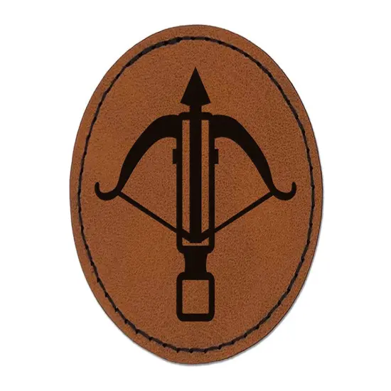 Crossbow Archer Ranged Weapon Round Iron-On Engraved Faux Leather Patch Applique - 2.5" Brown {1}