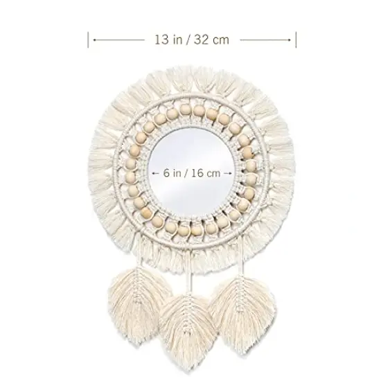 Hanging Wall Mirror-Boho Macrame Fringe Round Decorative Mirror with Wood Beads Feather Pendant，Art Ornament for Apartment Home Bedroom Living Room {5}