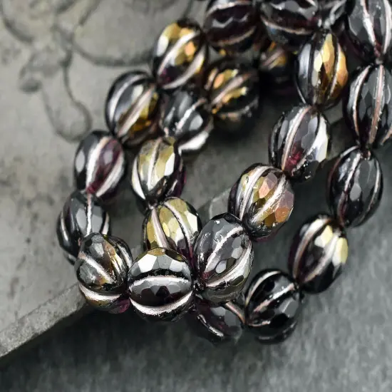 *12* 10mm Platinum Washed Amethyst Luster Faceted Round Melon Beads {3}