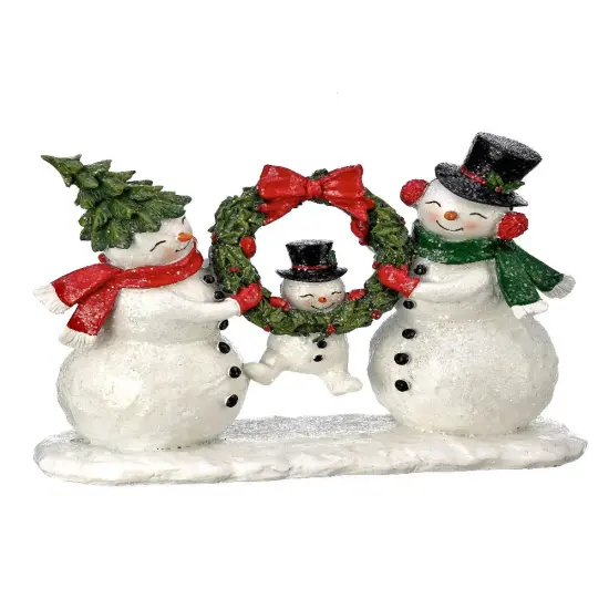 10" Resin Snowman Family with Child in Wreath &ndash; Charming Christmas Decoration {1}