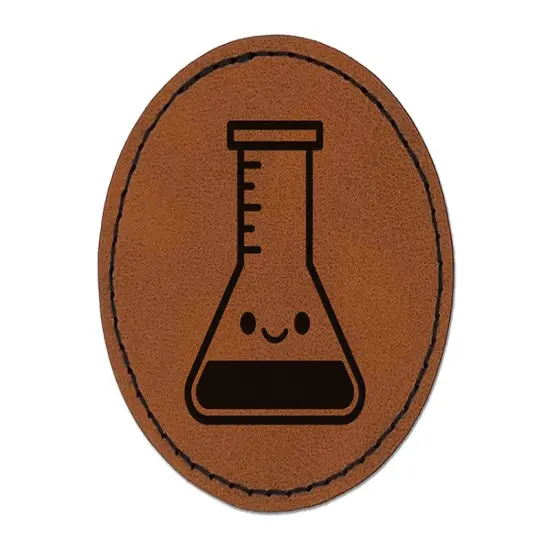 Kawaii Beaker Science Teacher School Round Iron-On Engraved Faux Leather Patch Applique - 2.5" Brown {1}