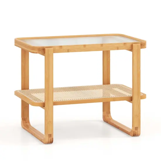 Costway Bamboo Side Table with Rattan Shelf Glass Top Nightstand Small Sofa End Table {1}