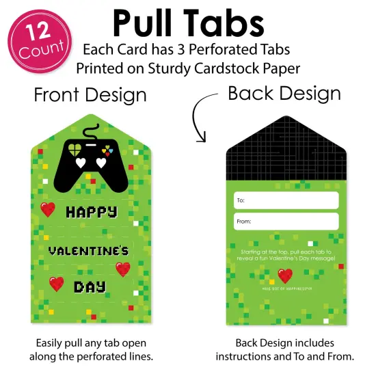 Big Dot of Happiness Game Zone - Pixel Video Game Cards for Kids - Happy Valentine's Day Pull Tabs - Set of 12 {6}