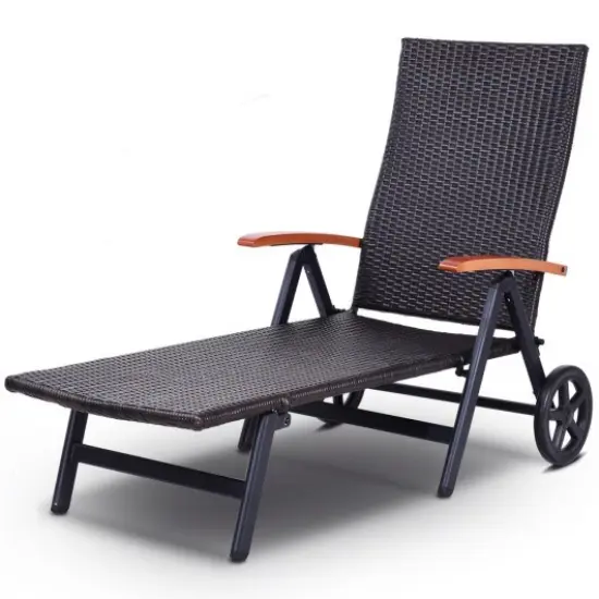 Folding Back Adjustable Aluminum Rattan Recliner Lounger with Wheels {2}
