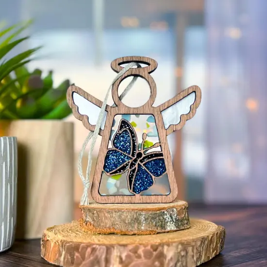 3.5" (H) Morpho Blue Butterfly Ornament - Handcrafted in Texas - Mother's Angels® Christmas Angel Wings Figurine {4}