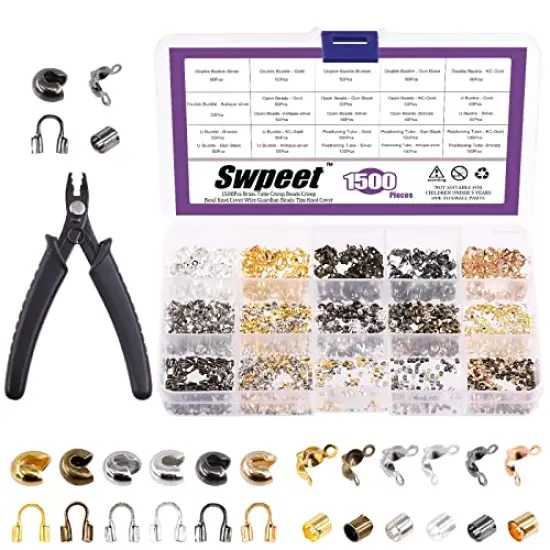 1501 Pieces 6 Colors 4 Styles Brass Tube Crimp Beads with Bead Crimping Pliers Kit, Including Brass Tube Crimp Beads & Crimp Beads Knot Covers & Wire Guardians & Iron Bead Tips Knot Covers {1}