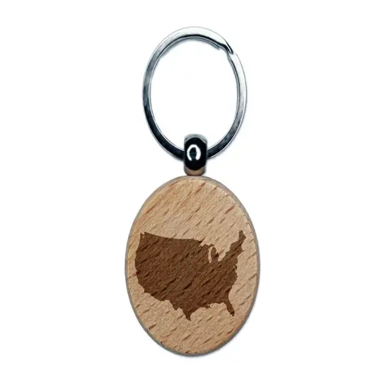 USA United States of America Solid Engraved Wood Round Keychain Tag Charm {1}