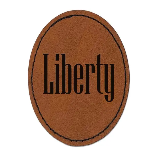 Liberty Fun Text Round Iron-On Engraved Faux Leather Patch Applique - 2.5" Brown {1}