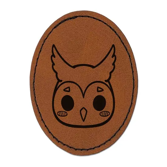 Charming Kawaii Chibi Owl Face Blushing Cheeks Great Horned Round Iron-On Engraved Faux Leather Patch Applique - 2.5" Brown {1}