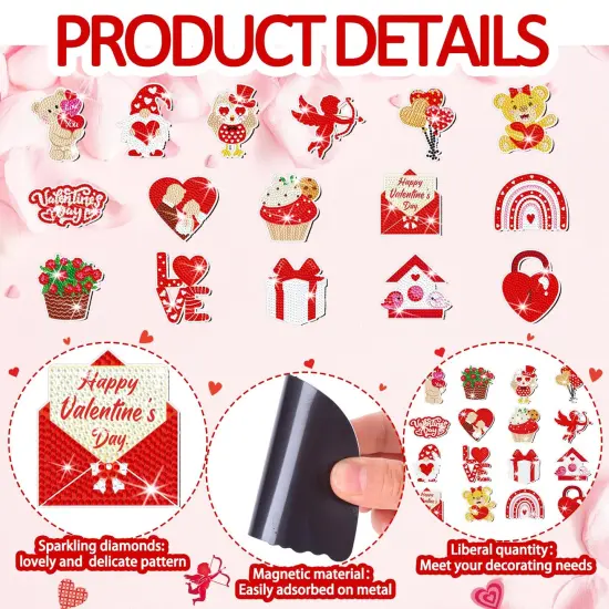 16 Pieces Valentine's Day Diamond Painting Magnets for Refrigerator Heart Love Gnome Diamond Art Magnets DIY Red Valentines Day Diamond Painting Kits Diamond Art for Adults Kids Crafts Gifts {1}