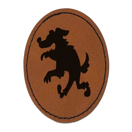 Scruffy Werewolf Dog Wolf Man Monster Halloween Round Iron-On Engraved Faux Leather Patch Applique - 2.5" Brown {1}