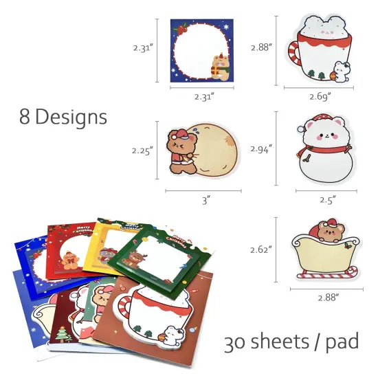 Wrapables Happy Holidays Christmas Sticky Notes, Adhesive Winter Holiday Memo Notepads for Home, Office, Work, Cute Buddies 8pc {2}