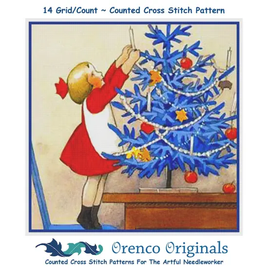 Little Girl Decorates Blue Christmas Tree Holiday Counted Cross Stitch Pattern {1}