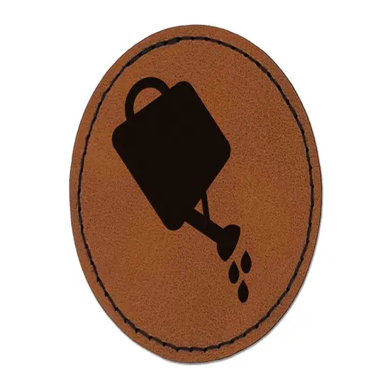 Watering Can Gardening Plants Solid Round Iron-On Engraved Faux Leather Patch Applique - 2.5" Brown {1}