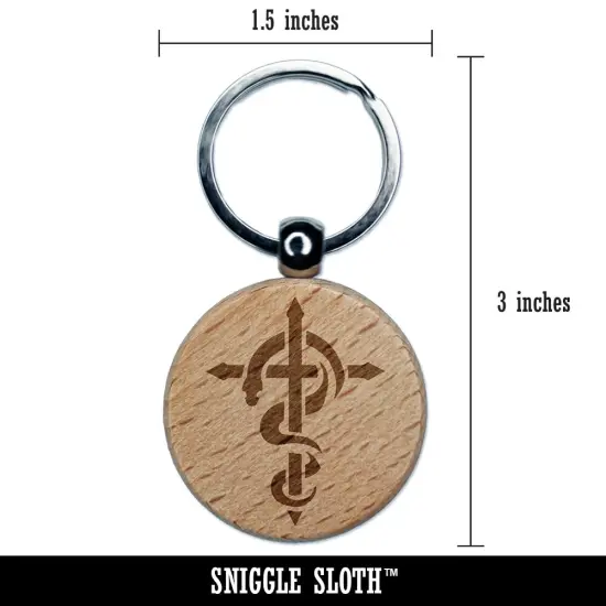 Brazen Serpent on Cross Good and Evil Engraved Wood Round Keychain Tag Charm {2}