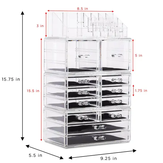 Sorbus X-Large Acrylic Makeup and Jewelry Organizer Case - 4 Piece Set (12 Drawers) Clear {6}