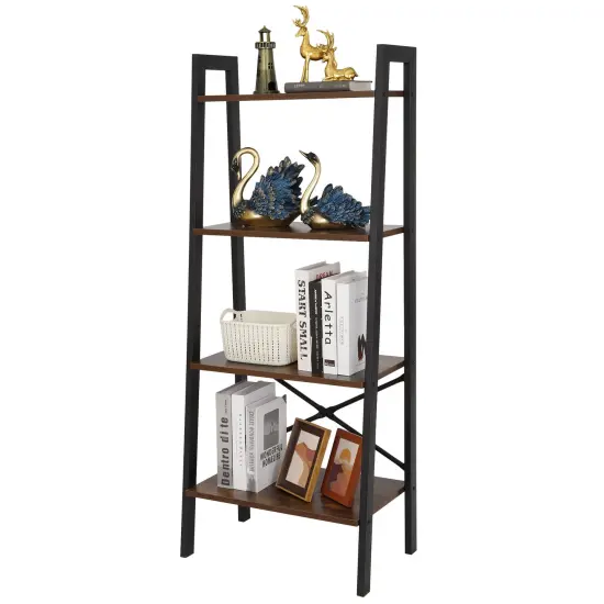 4-Tier Durable Bookcase Bookshelf Leaning Wall Ladder Shelf. {1}