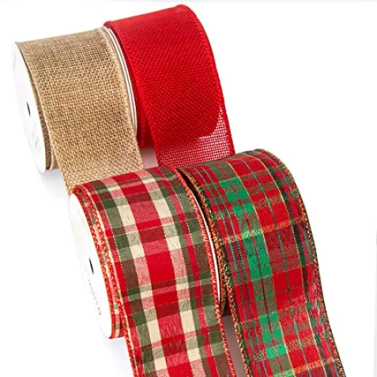 Ribbli 4 Rolls Christmas Wired Ribbon,Natural and Red Burlap Christmas Plaid Wired Ribbon,2 Inch Total 20 Yard, Christmas Ribbon for Crafts, Big Bow,Gift Wrapping, Wreath, Tree Decoration {1}