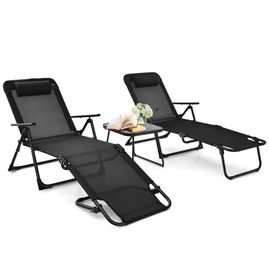3 Pieces Patio Folding Chaise Lounge Set with PVC Tabletop-Black {4}