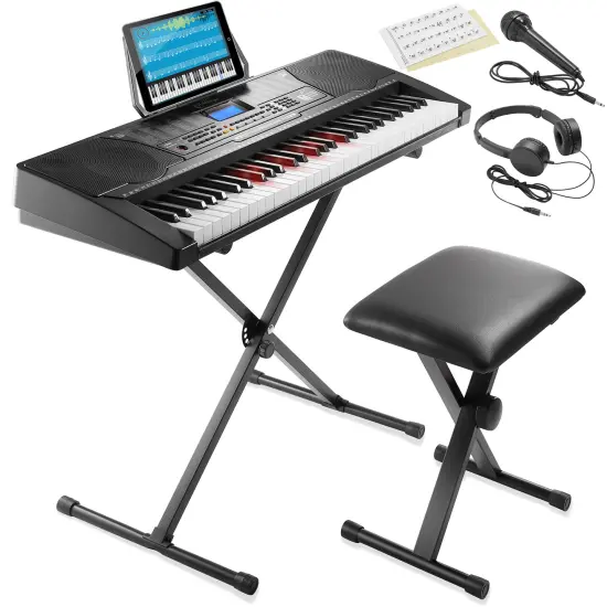 Ashthorpe 61-Key Digital Electronic Keyboard Piano with Light Up Keys, Beginner Kit Includes Stand, Stool, Headphones, Mic and Keynote Stickers {1}