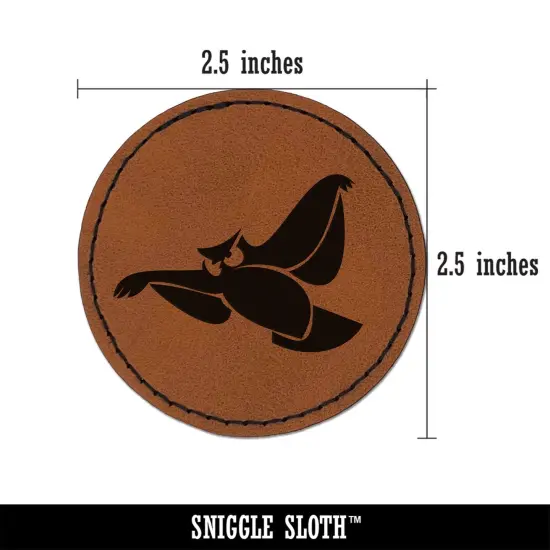 Owl Flying Bird Doodle Round Iron-On Engraved Faux Leather Patch Applique - 2.5" Brown {3}