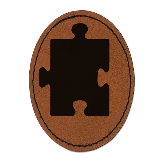 Puzzle Piece Solid Round Iron-On Engraved Faux Leather Patch Applique - 2.5" Brown {1}