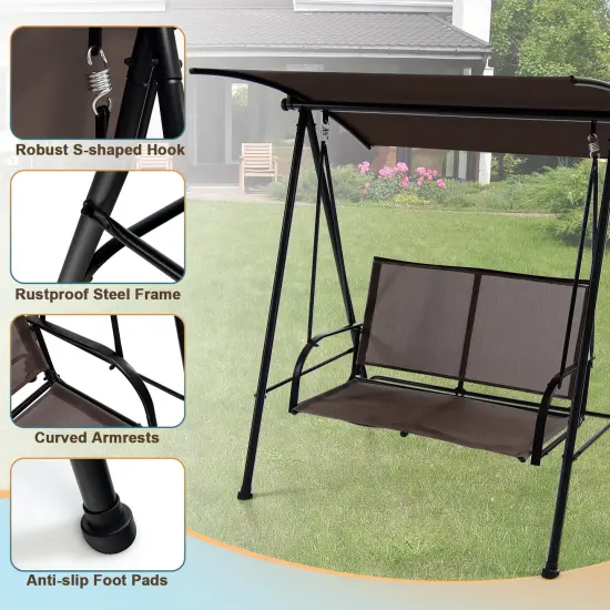 2-Seat Outdoor Canopy Swing with Comfortable Fabric Seat and Heavy-duty Metal Frame Brown {3}