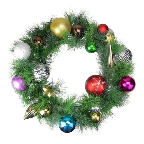 Northlight Ornaments and Pine Needle Artificial Christmas Wreath - 24" - Multicolor - Unlit Green {1}