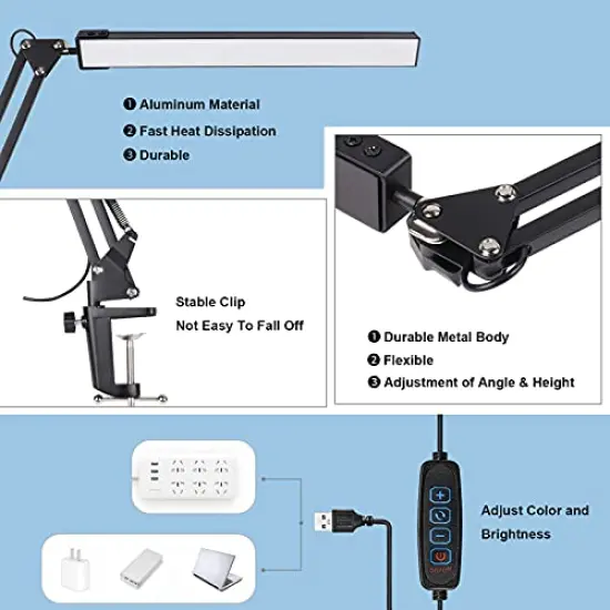 LED Desk Lamp for Home,Office,Reading,Adjustable Eye-Caring Desk Light with Clamp,Swing Arm Lamp Includes 3 Color Modes,10 Brightness Levels Table Lamps with Memory Function(Black) {2}