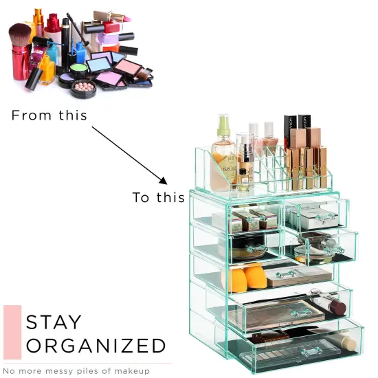 Sorbus Medium Makeup Organizer Set - (3 Large / 4 Small Drawers/Top Tray) Teal {5}
