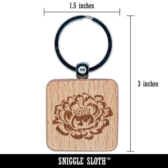 Single Peony Flower Engraved Wood Square Keychain Tag Charm {2}