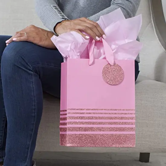 Hallmark 9" Medium Gift Bag with Tissue Paper (Pink Glitter Stripes) for Birthdays, Mothers Day, Baby Showers, Easter, Bridal Showers or Any Occasion {6}