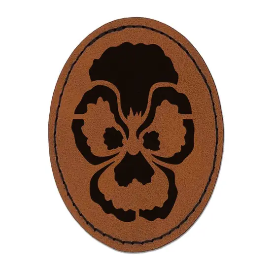 Pansy Annual Flower Round Iron-On Engraved Faux Leather Patch Applique - 2.5" Brown {1}