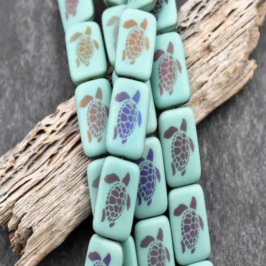 *6* 18x12mm Satin Matte Turquoise Sliperit Laser Tattoo Rectangle Turtle Beads {4}
